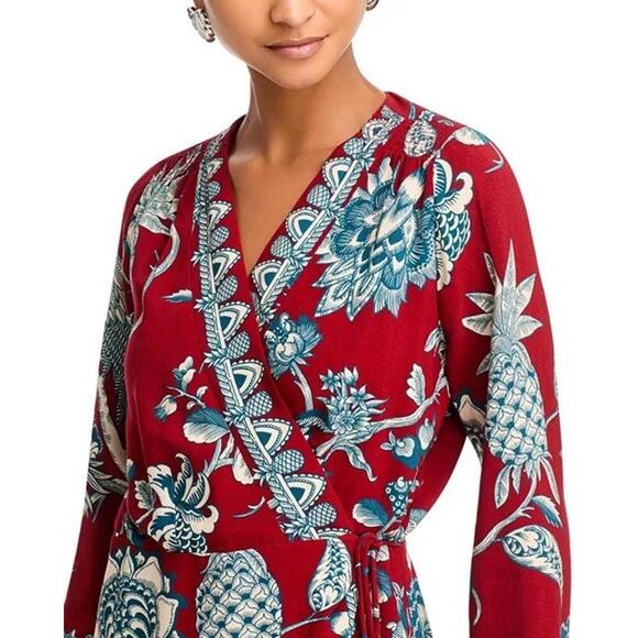 Farm Rio Tropical Landing Floral Wrap Neck Mini Dress Women's Size XS Red - Picture 5 of 5